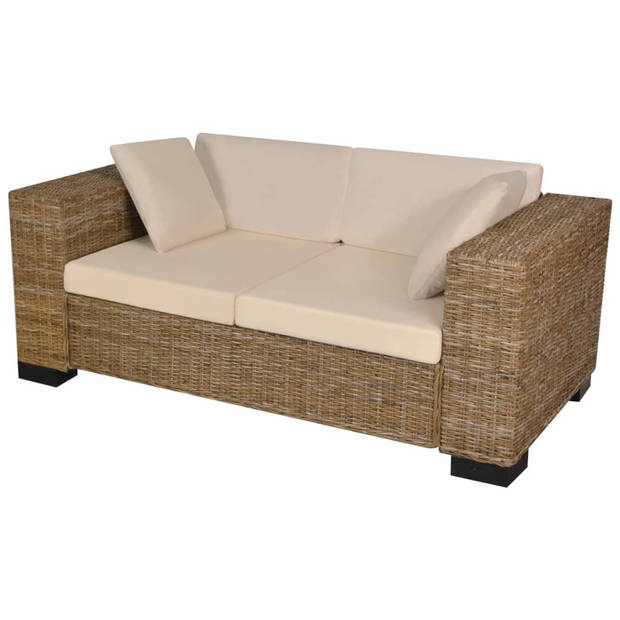 The Living Store Rattan Bank - Tweezitsbank - Natuurlijk rattan - 162 x 80 x 61 cm - Crèmewit linnen