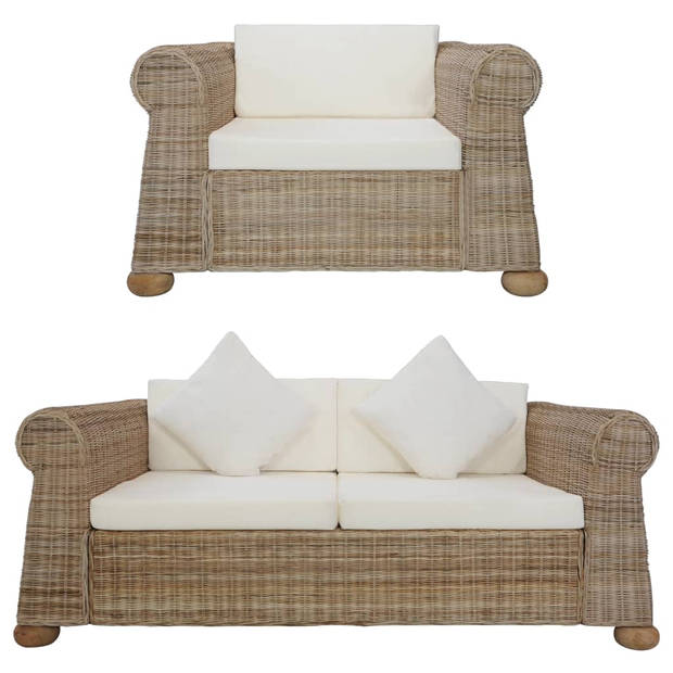 The Living Store Rattan loungebank - Naturel/Crèmewit - 100x78x67cm - Verwijderbare kussenhoezen