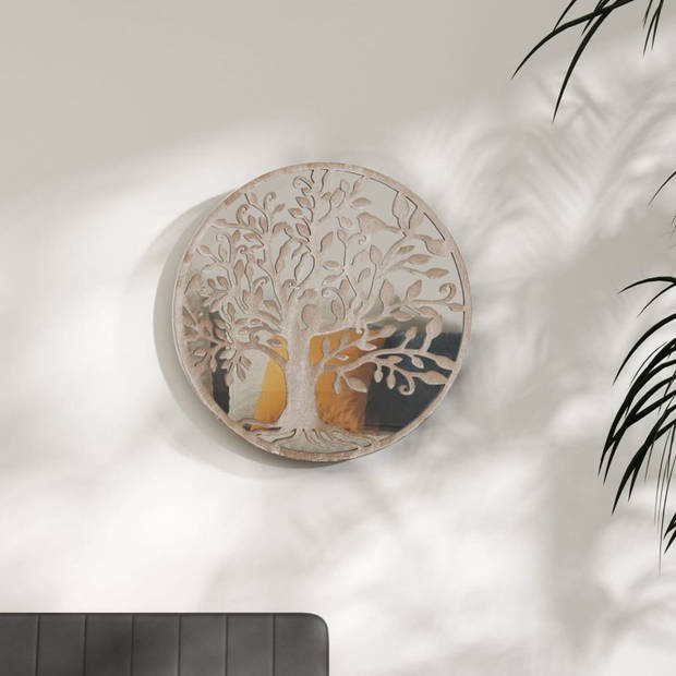 The Living Store Ronde Spiegel - Decoratief Boommotief - 40 x 2.5 cm (ø x D) - Zandkleurig