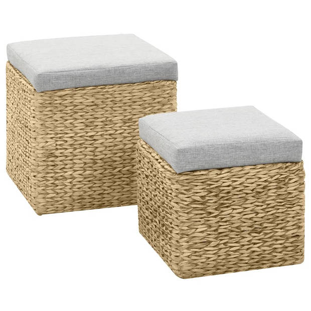 The Living Store Poefenset Zeegras - 43x43x44 cm en 34x34x34 cm - Grijs kussen - 100% Polyester