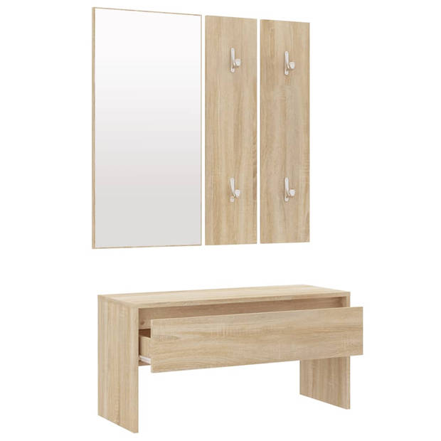 The Living Store Halbank Sonoma Eiken - 80x30.5x40 cm - Met spiegel en kapstokken