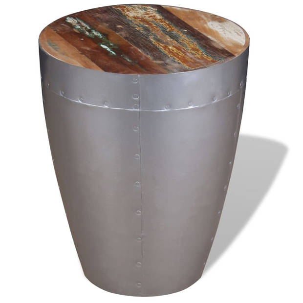 The Living Store Antieke Houten Kruk - 36x44 cm - Gerecycled Hout - Aluminium Basis - Bruin