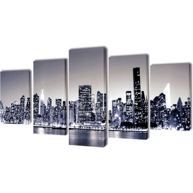 The Living Store Canvas New York skyline 5 panelen - 100x50cm - Houtkader - Waterdicht - Eenvoudig op te hangen