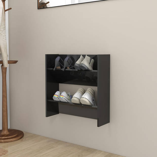 The Living Store Schoenenkast - Muurmontage - 60 x 18 x 60 cm - Hoogglans Zwart