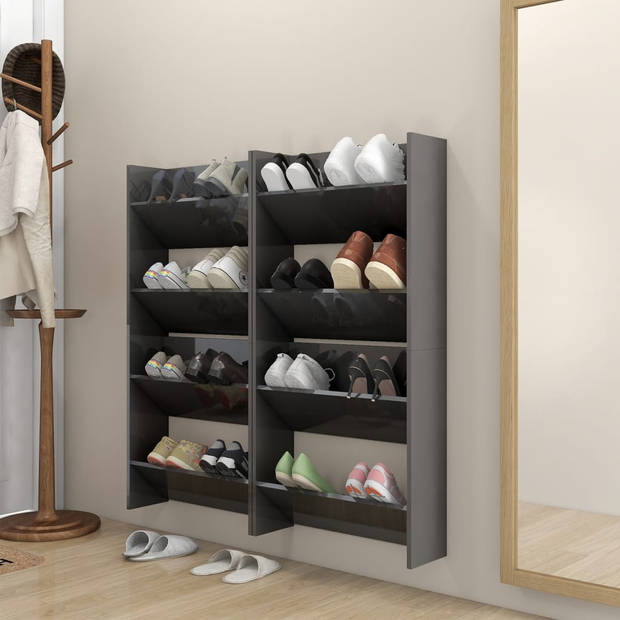 The Living Store Wand schoenenkast - hoogglans grijs - 60 x 18 x 60 cm - 2 schappen
