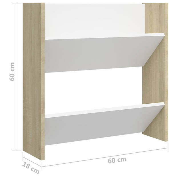 The Living Store Schoenenkast - Wandmodel - 60 x 18 x 60 cm - 2 schuine schappen - Wit en Sonoma eiken