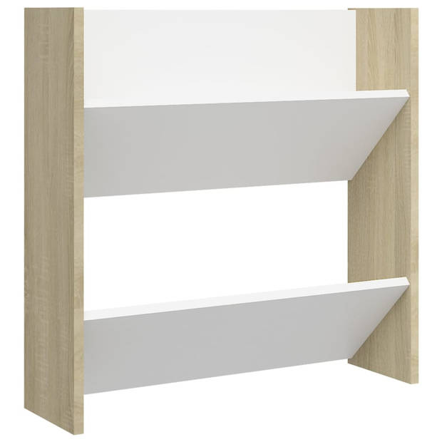 The Living Store Schoenenkast - Wandmodel - 60 x 18 x 60 cm - 2 schuine schappen - Wit en Sonoma eiken