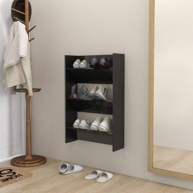 The Living Store Schoenenkast - 60x18x90 cm - Hoogglans zwart - spaanplaat