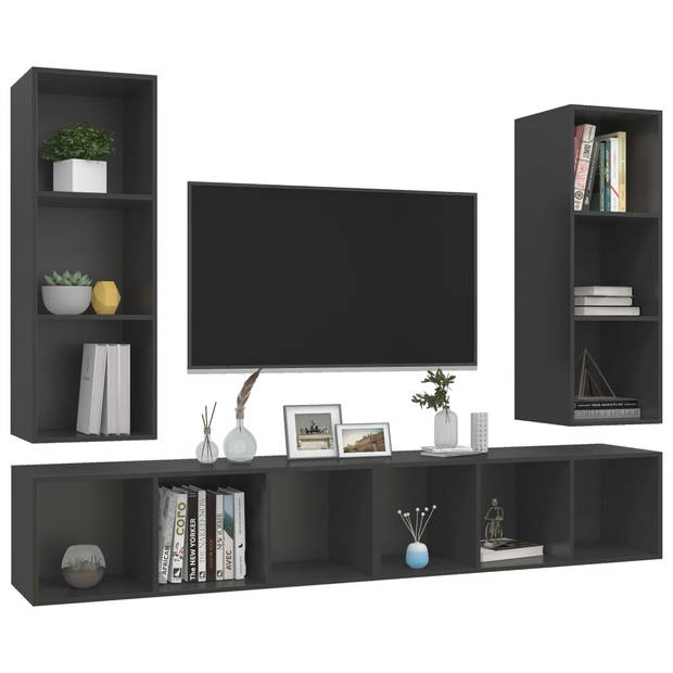 The Living Store Televisiewandmeubelset - grijs - spaanplaat - 37x37x107 cm - 4x tv-meubel
