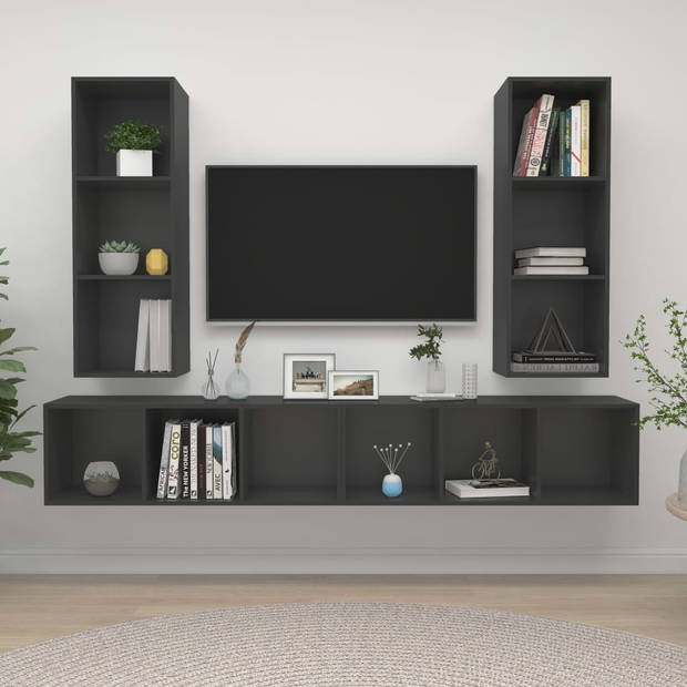 The Living Store Televisiewandmeubelset - grijs - spaanplaat - 37x37x107 cm - 4x tv-meubel