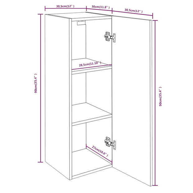 The Living Store Wandkast - Gerookt eiken - 30.5 x 30 x 90 cm - Montage vereist