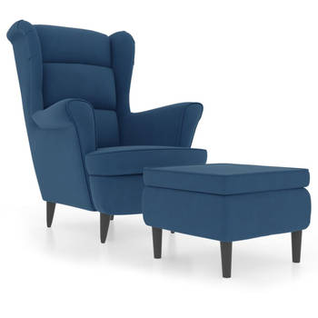 The Living Store Relaxstoel Velvet - Blauw - Armstoel 81x90x96.5cm + Voetenbank 55x54.5x42cm - Multiplex/Rubberwood