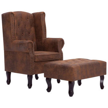 The Living Store Chesterfield Armstoel - bruin kunstsuède - 78x67x108 cm - inclusief voetenbank - eenvoudig te monteren