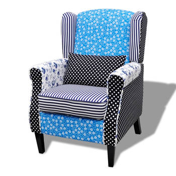 The Living Store Fauteuil Landelijk Blauw/Wit Patchwork - 68x73x101 cm - Houten frame