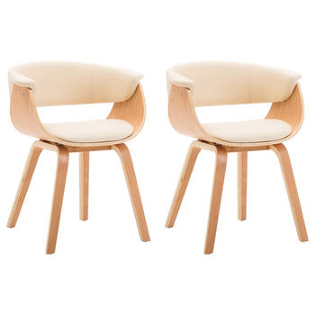 The Living Store Eetkamerstoelen - Set van 2 - Kunstleer - Gebogen houten frame - Crème en bruin - 59.5x51x72cm