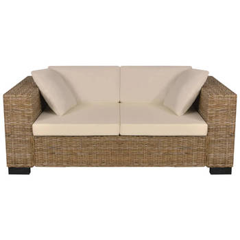 The Living Store Rattan Bank - Tweezitsbank - Natuurlijk rattan - 162 x 80 x 61 cm - Crèmewit linnen