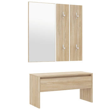 The Living Store Halbank Sonoma Eiken - 80x30.5x40 cm - Met spiegel en kapstokken