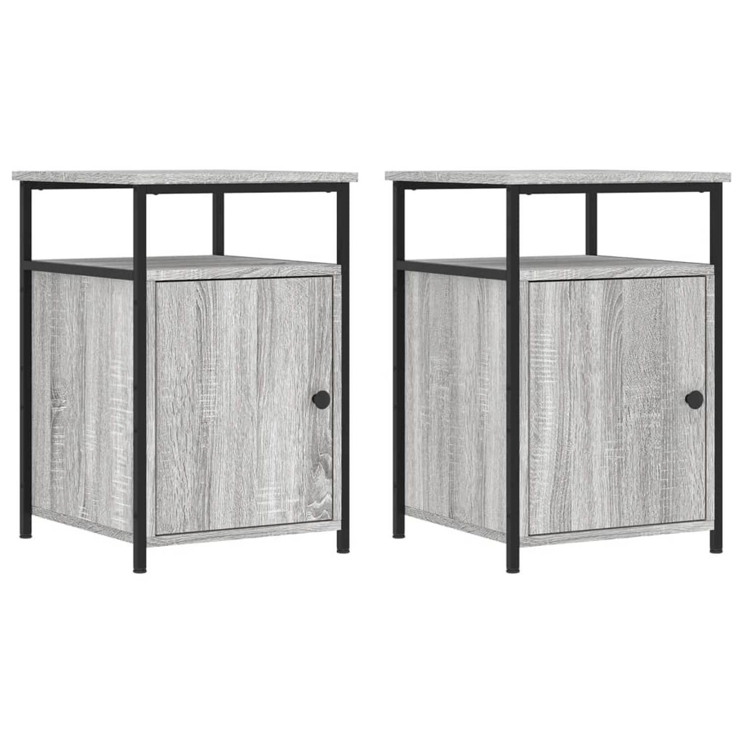 The Living Store Nachtkastje - Grijs Sonoma Eiken - Bewerkt hout en ijzer - 40 x 42 x 60 cm - Set van 2