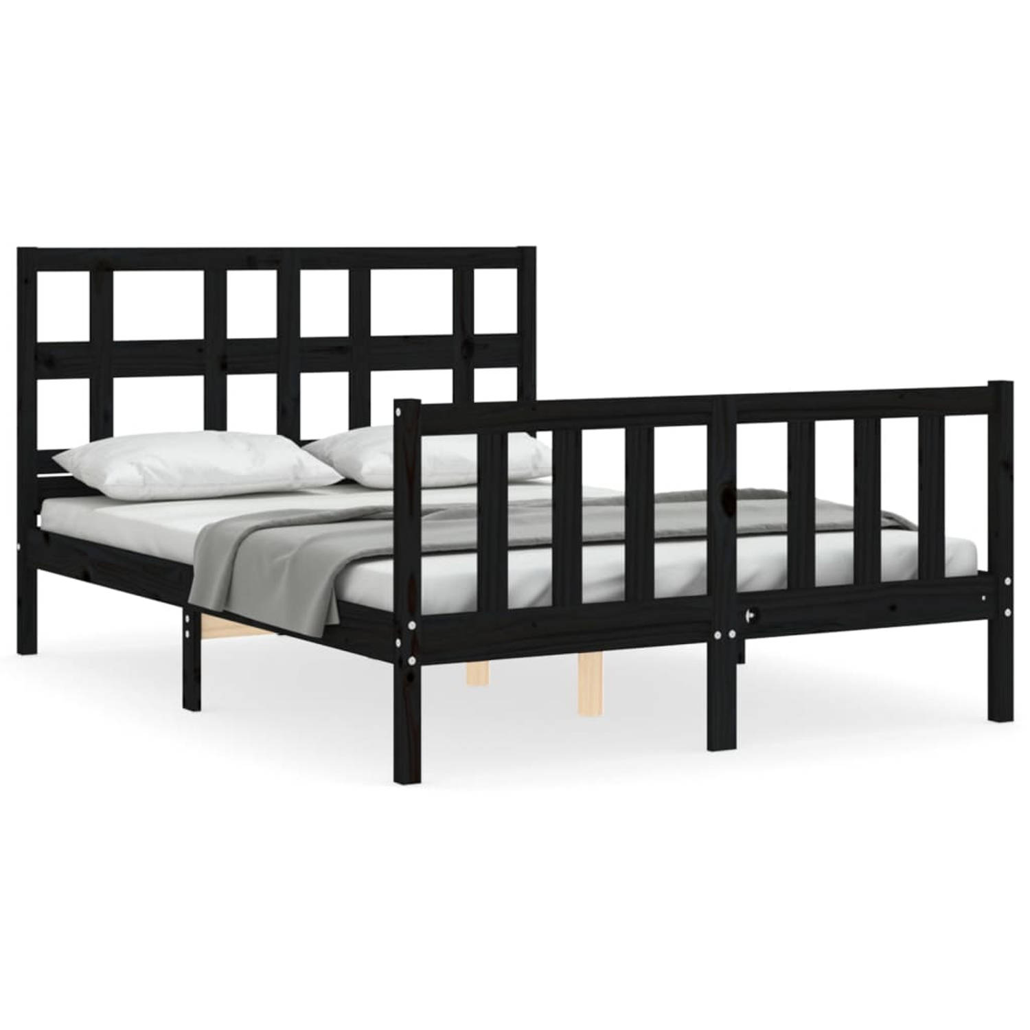 The Living Store Bedframe met hoofdbord massief hout zwart 140x190 cm - Bedframe - Bedframes - Bed - Tweepersoonsbed - Slaapkamermeubel - Houten Bedframe - Houten Bed - Bedbodem -