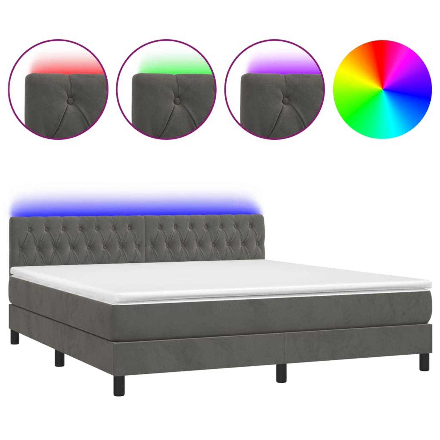 The Living Store Boxspring met matras en LED fluweel donkergrijs 180x200 cm - Bed