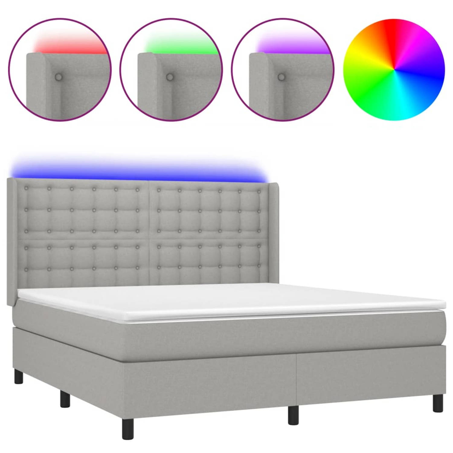 The Living Store Bedden - LED Boxspring 180x200 - Lichtgrijs - Met pocketvering matras en huidvriendelijk topmatras