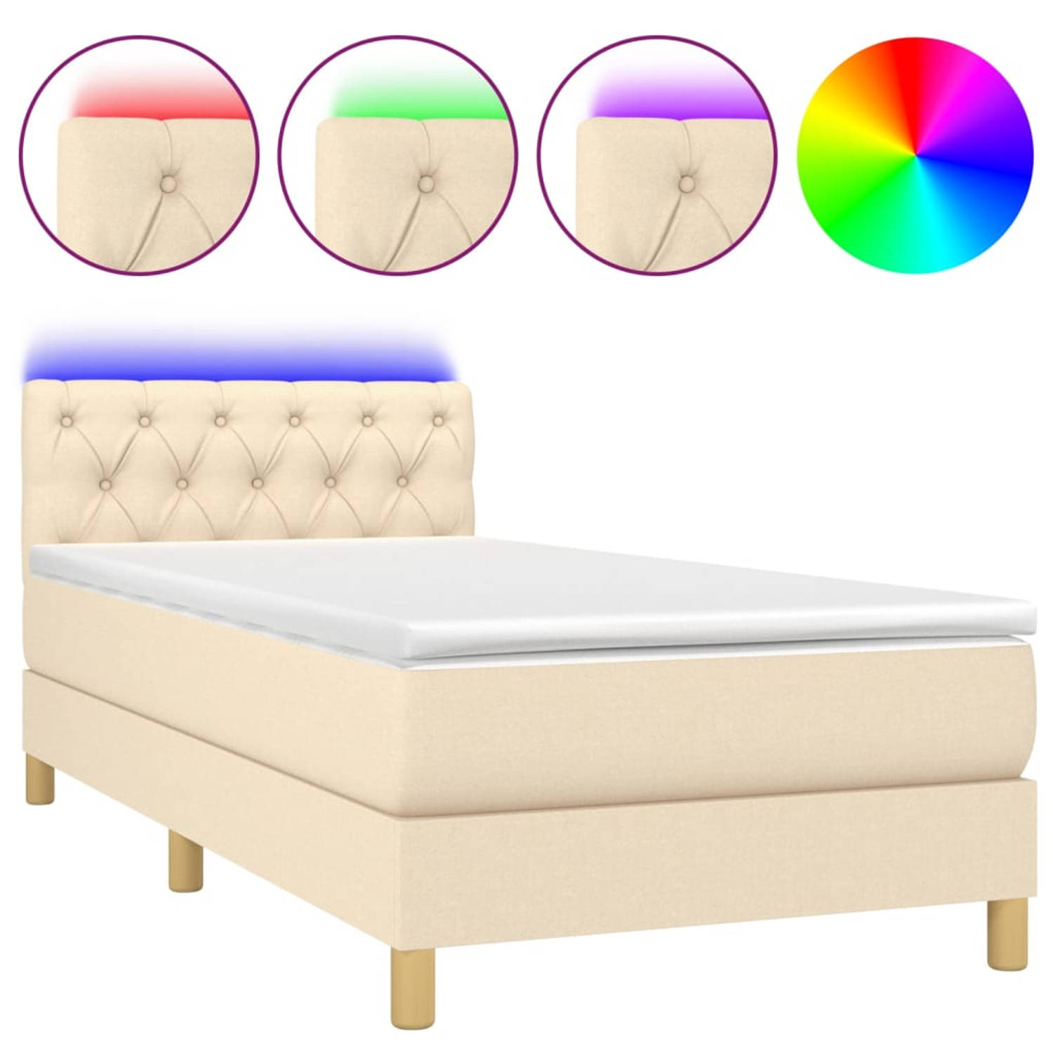 The Living Store Boxspring Bed - Crème - 203 x 80 x 78/88 cm - Inclusief matras en LED