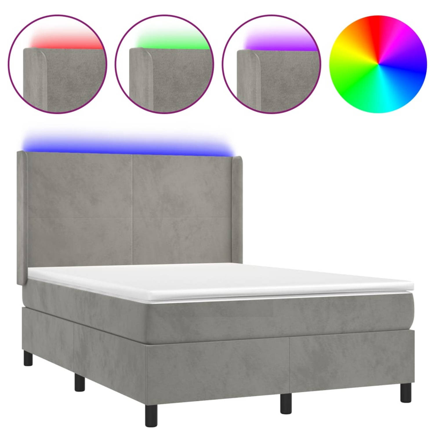 The Living Store Boxspring met matras en LED fluweel lichtgrijs 140x190 cm - Bed