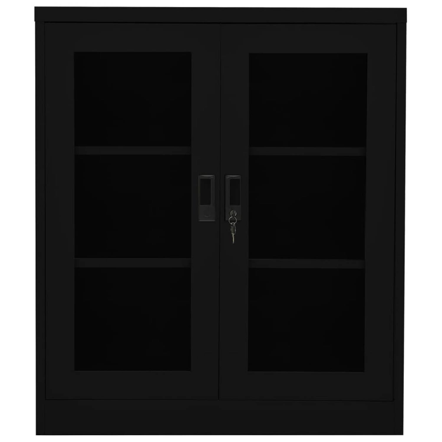 The Living Store Archiefkast - 90 x 40 x 105 cm - Staal - Gehard glas - Zwart - Met 2 deuren en verstelbare schappen