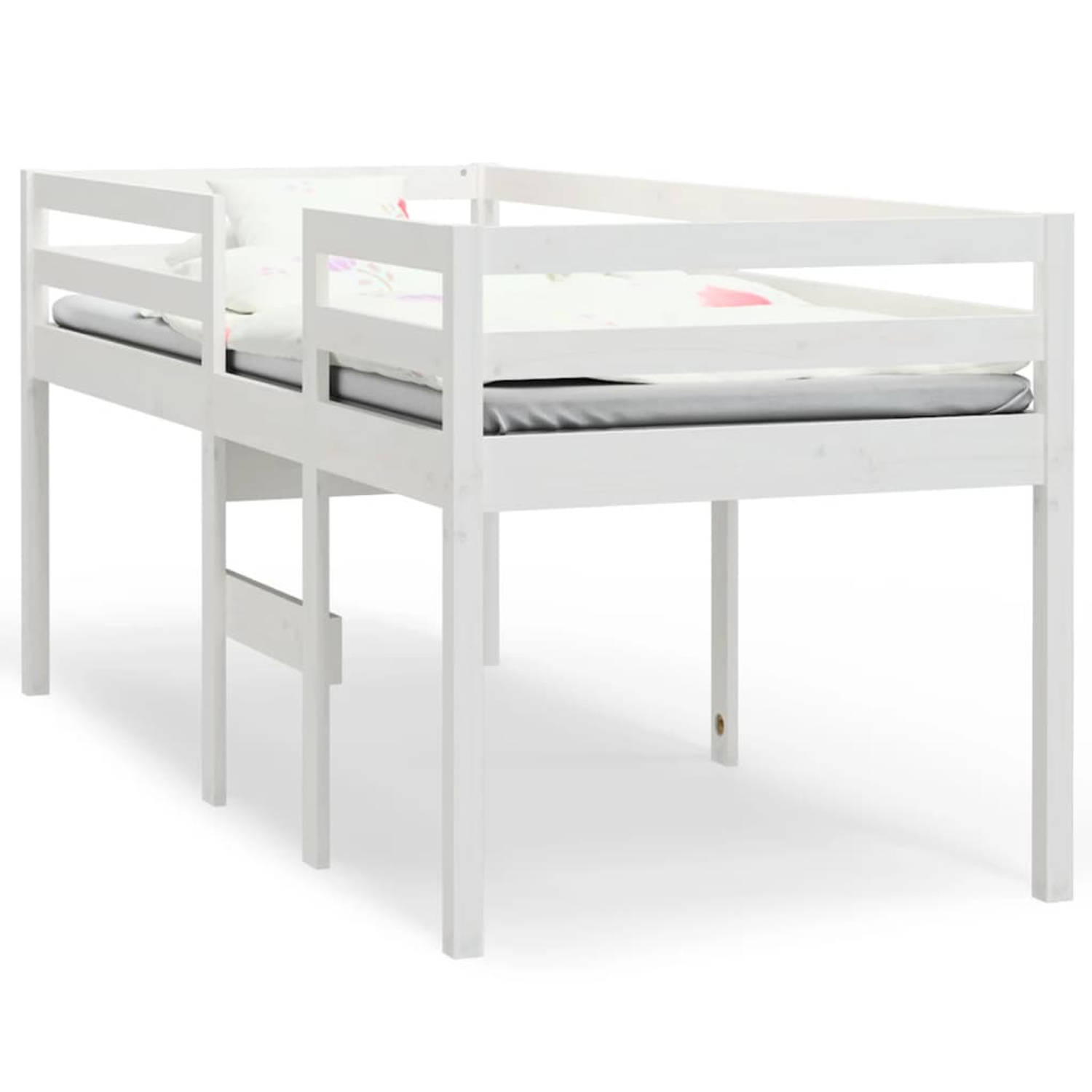 The Living Store Hoogslaper massief grenenhout wit 90x200 cm - Bed