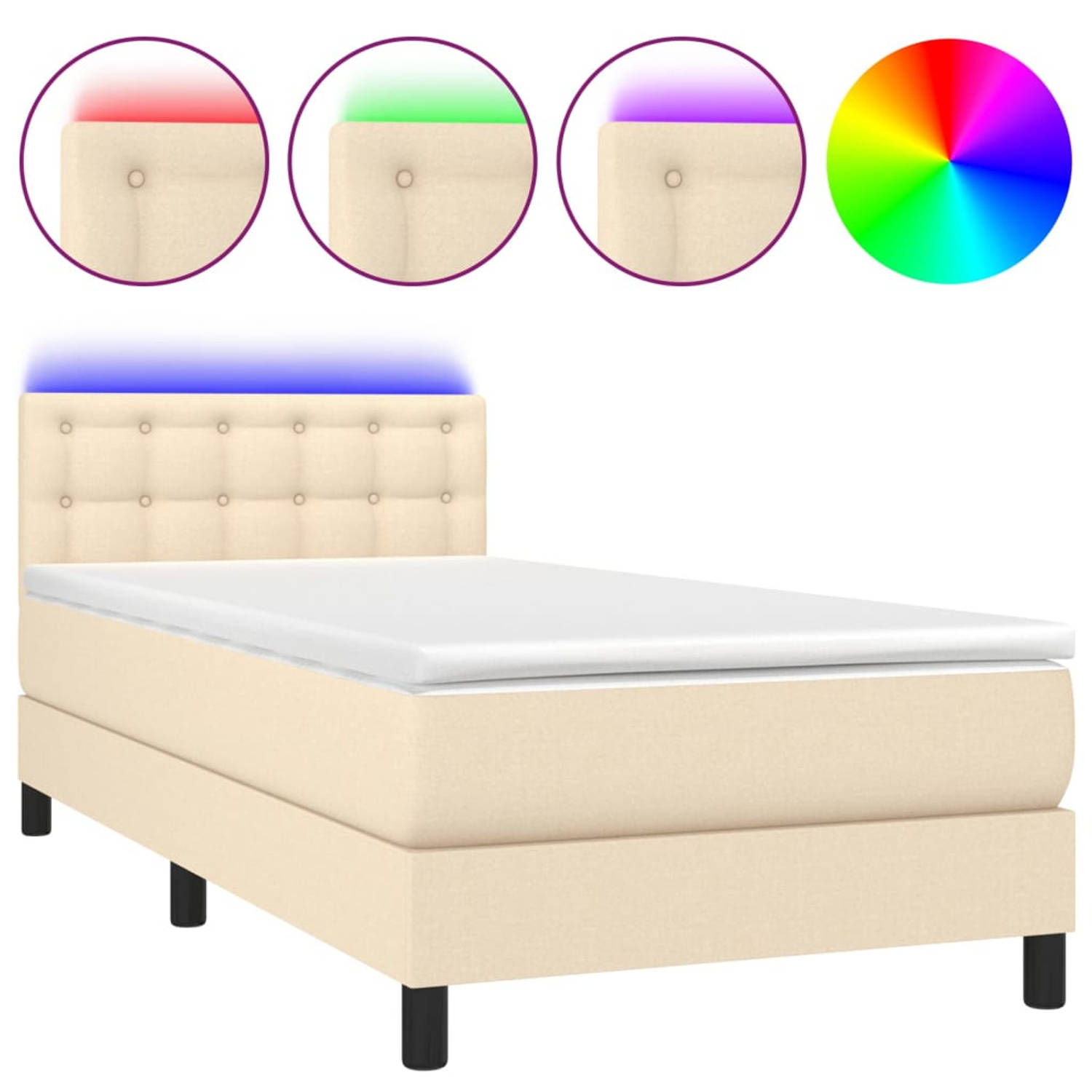 The Living Store Boxspring Bed - Crème - 193 x 90 x 78/88 cm - Verstelbaar Hoofdbord - LED Verlichting - Pocketvering Matras - Huidvriendelijk Topmatras - USB Aansluiting