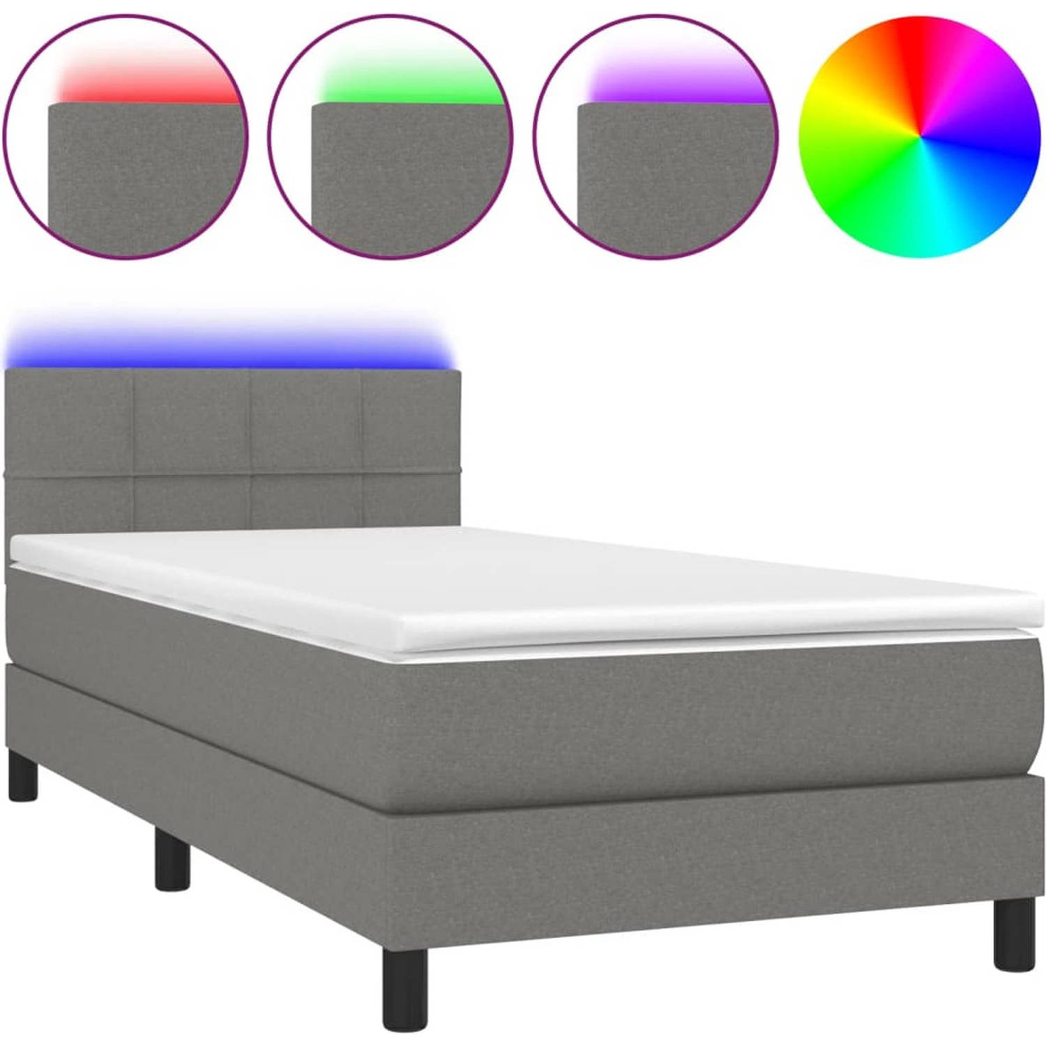 The Living Store Boxspring - LED - Donkergrijs - 193 x 90 x 78/88 cm - Pocketvering