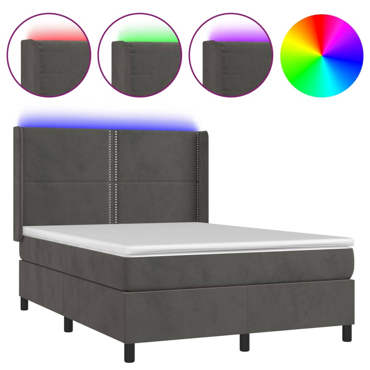 The Living Store Boxspring Bed - Donkergrijs Fluweel - 203x147x118/128 cm - Verstelbaar hoofdbord - Kleurrijke LED-verlichting - Pocketvering matras - Huidvriendelijk topmatras - 2