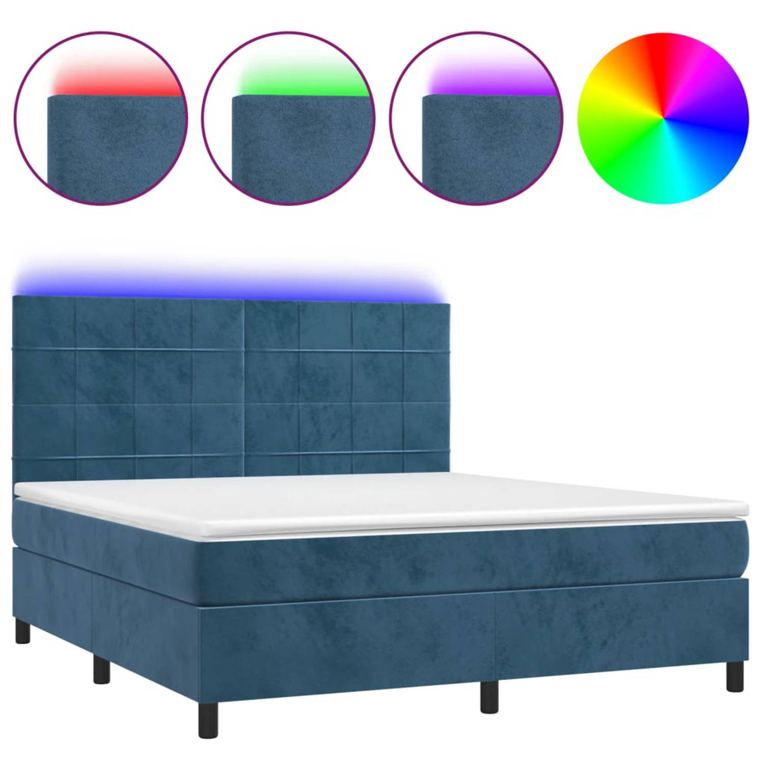 The Living Store Boxspring met matras en LED fluweel donkerblauw 180x200 cm - Bed