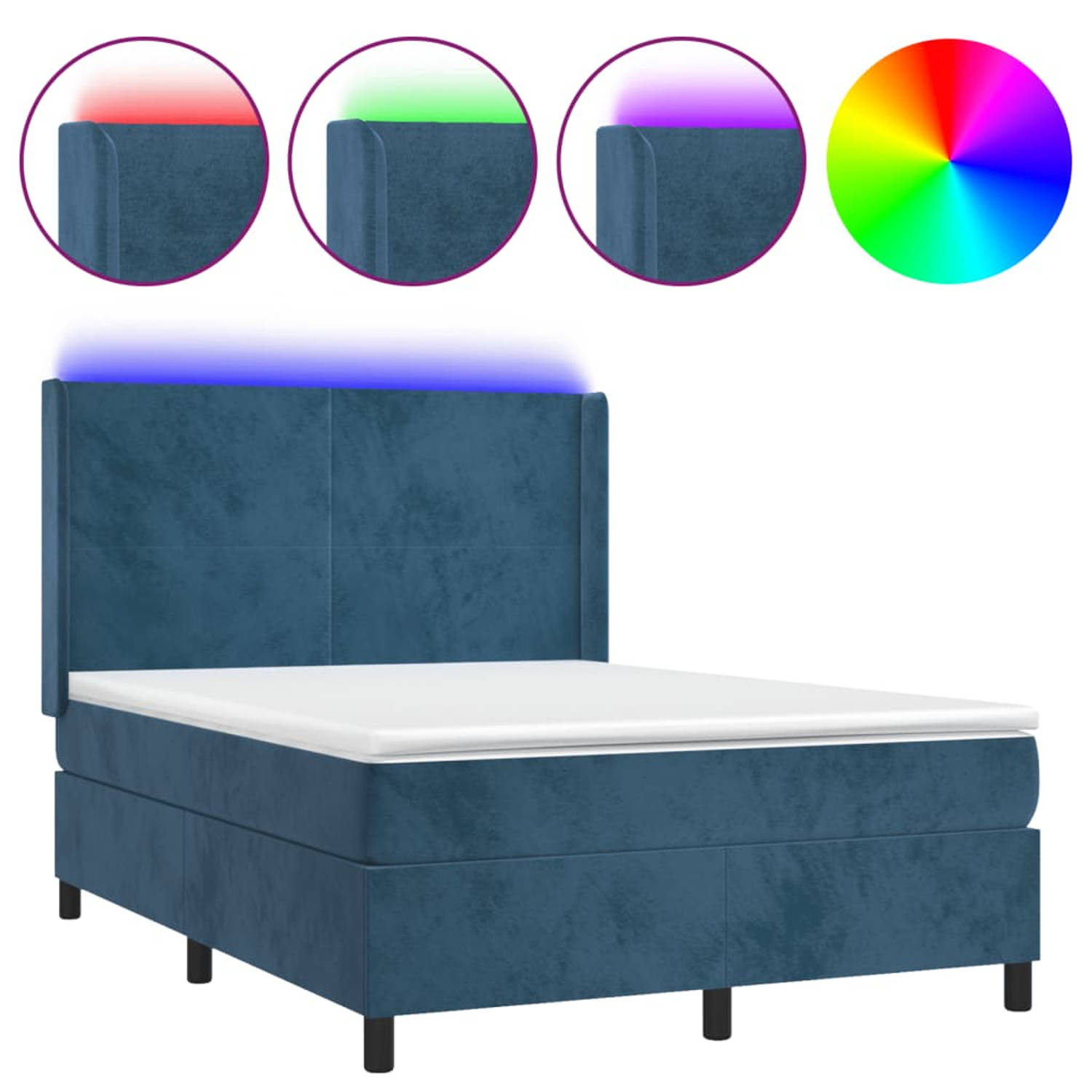 The Living Store Boxspring - LED - 140 x 190 cm - fluweel - donkerblauw