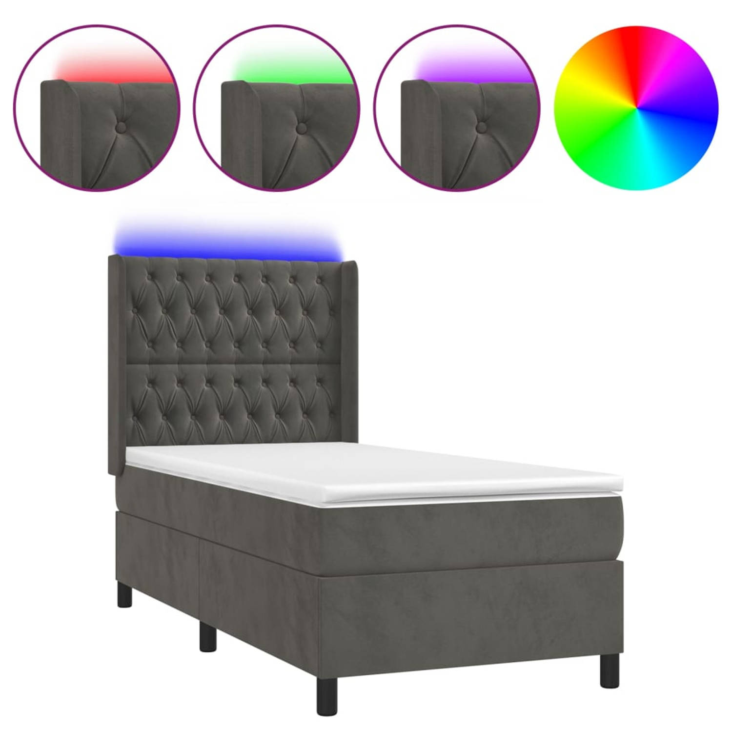 The Living Store Bed Boxspring - 203 x 83 x 118/128 cm - Donkergrijs Fluweel - Inclusief Matras en LED