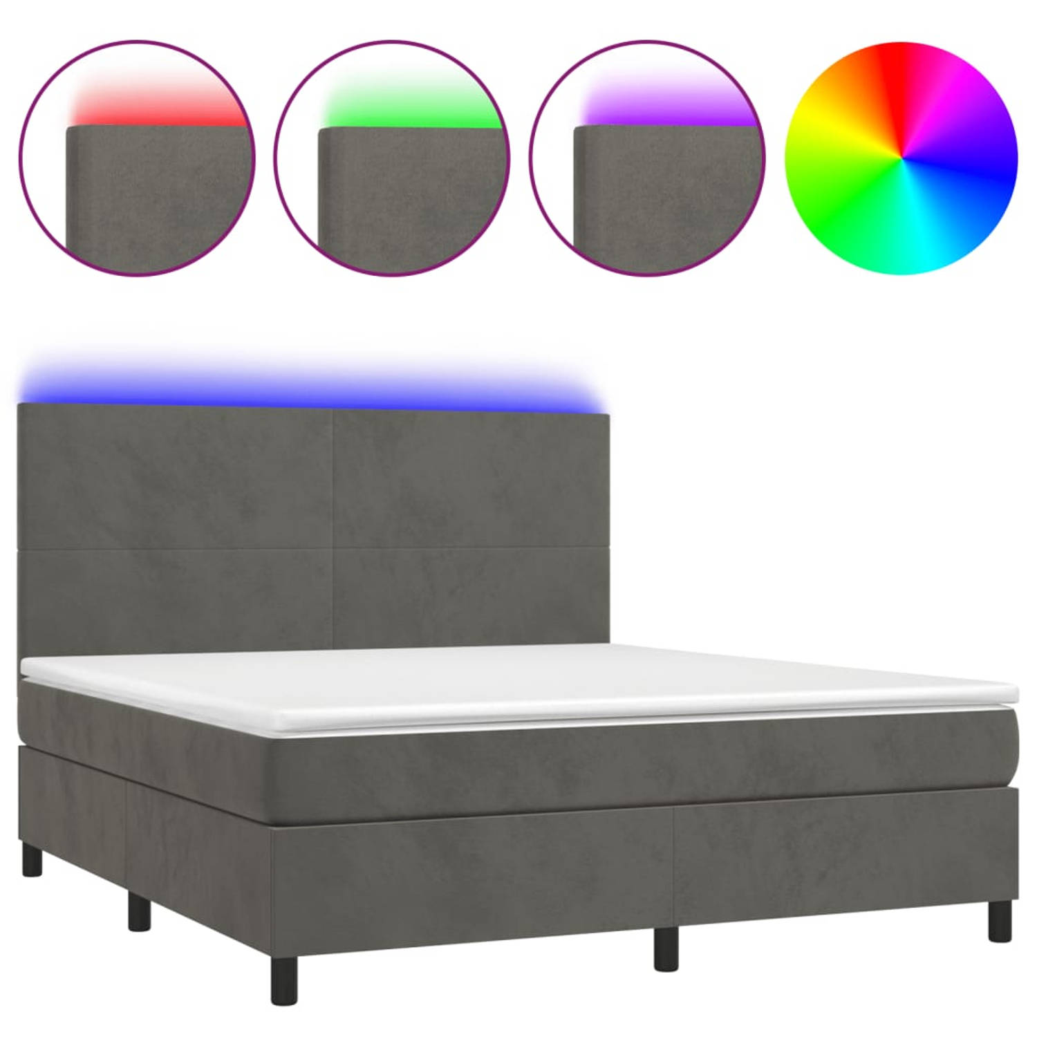 The Living Store Boxspring met matras en LED fluweel donkergrijs 180x200 cm - Bed