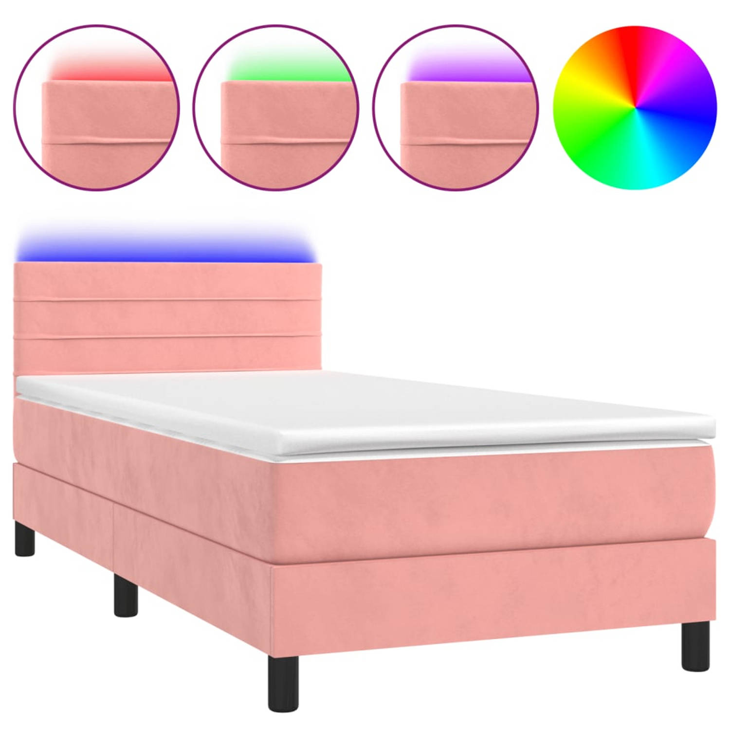 The Living Store Bed Roze fluweel 203x90x78/88cm - Pocketvering - LED-verlichting