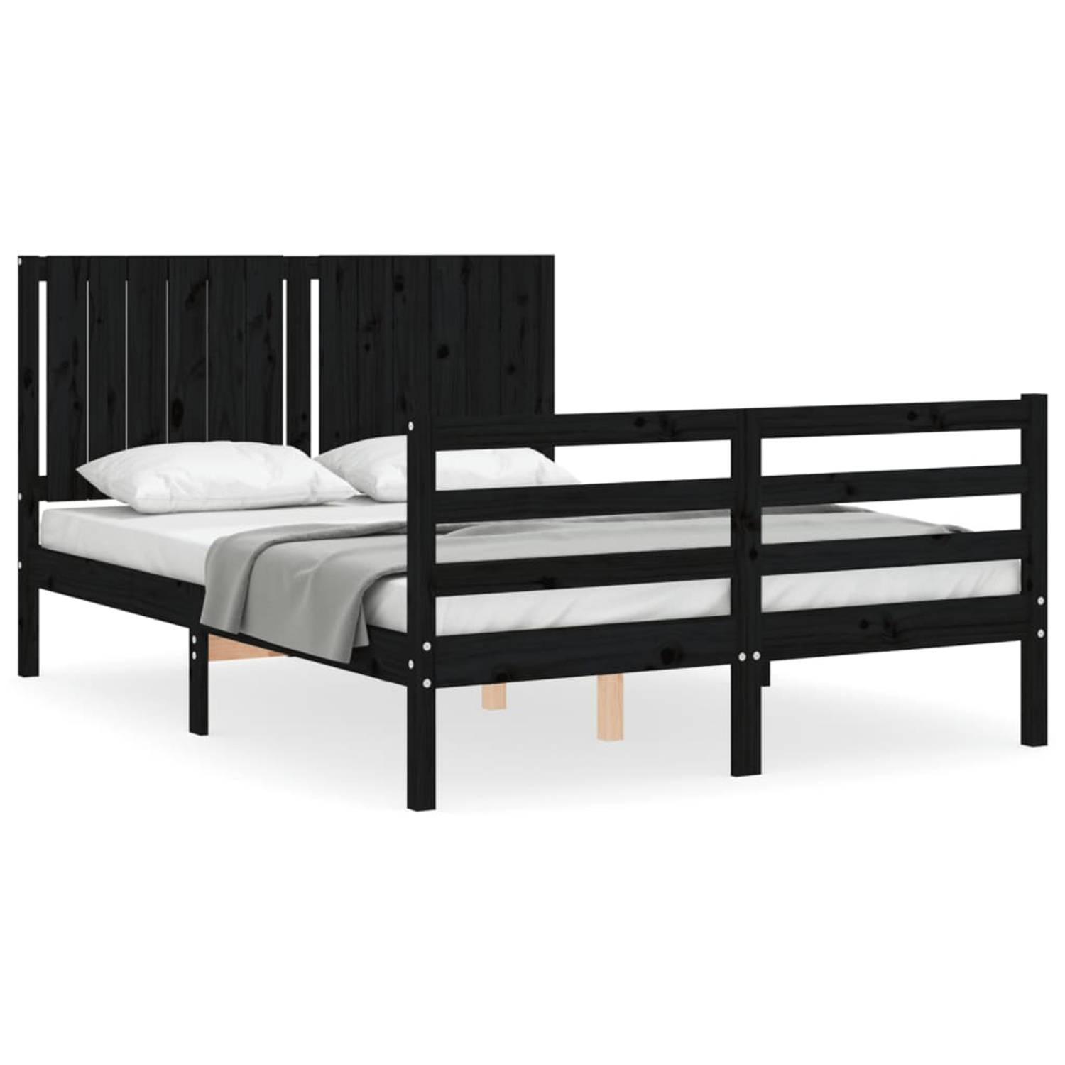 The Living Store Bedframe met hoofdbord massief hout zwart 140x190 cm - Bedframe - Bedframes - Bed - Tweepersoonsbed - Slaapkamermeubel - Houten Bedframe - Houten Bed - Bedbodem -