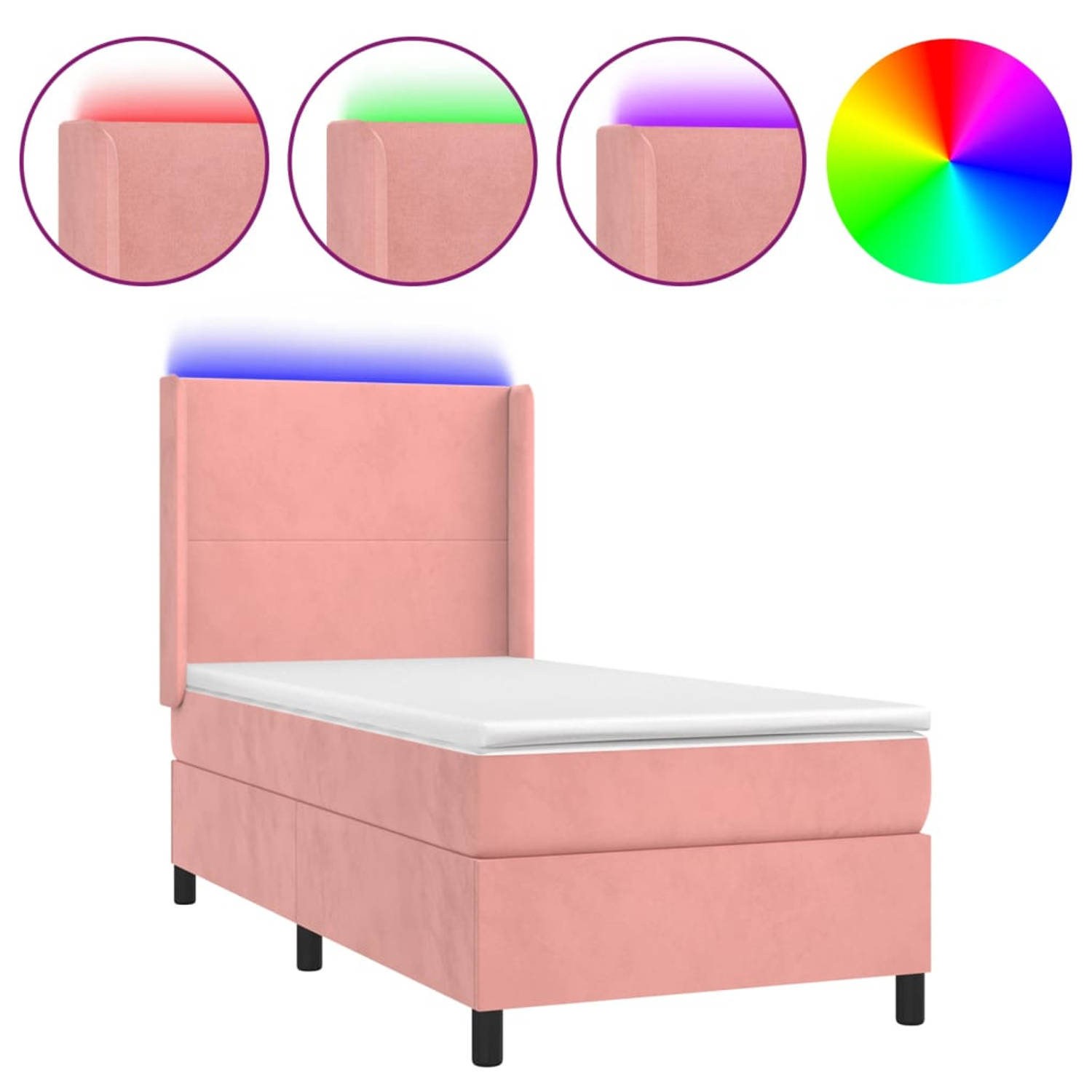 The Living Store Boxspring met matras en LED fluweel roze 90x190 cm - Bed