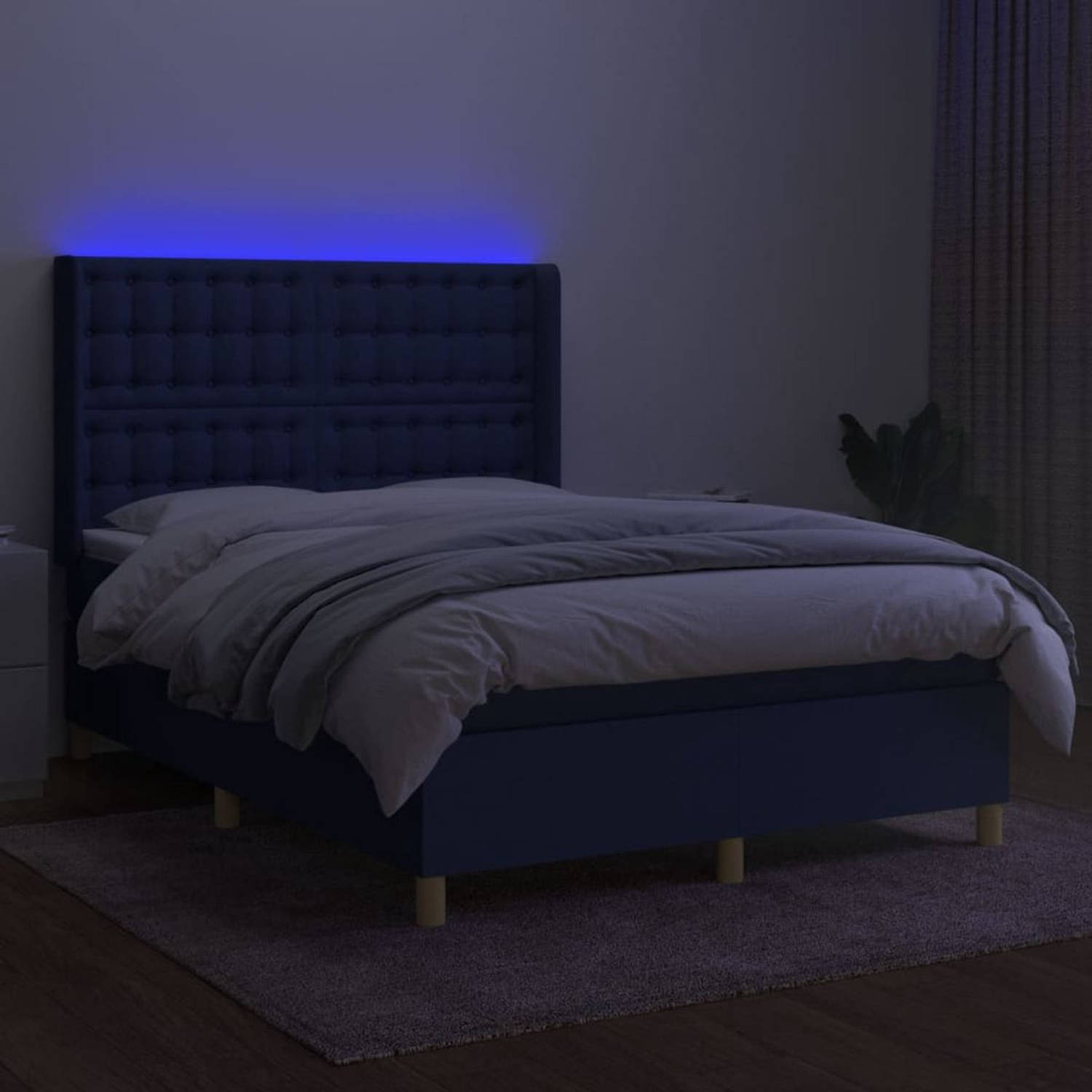 The Living Store Boxspring Bed - LED - 193 x 147 x 118/128 cm - Blauw - Pocketvering Matras - Huidvriendelijk Topmatras