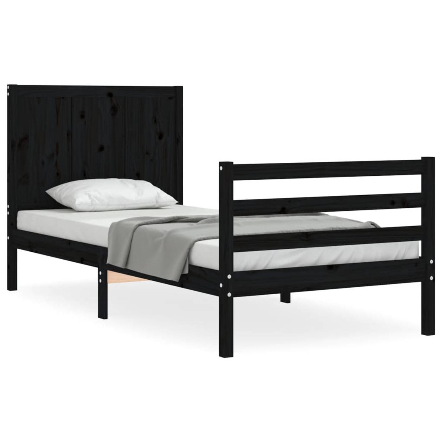 The Living Store Bedframe met hoofdbord massief hout zwart 90x200 cm - Bedframe - Bedframes - Bed - Eenpersoonsbed - Slaapkamermeubel - Houten Bedframe - Houten Bed - Bedbodem - Ma