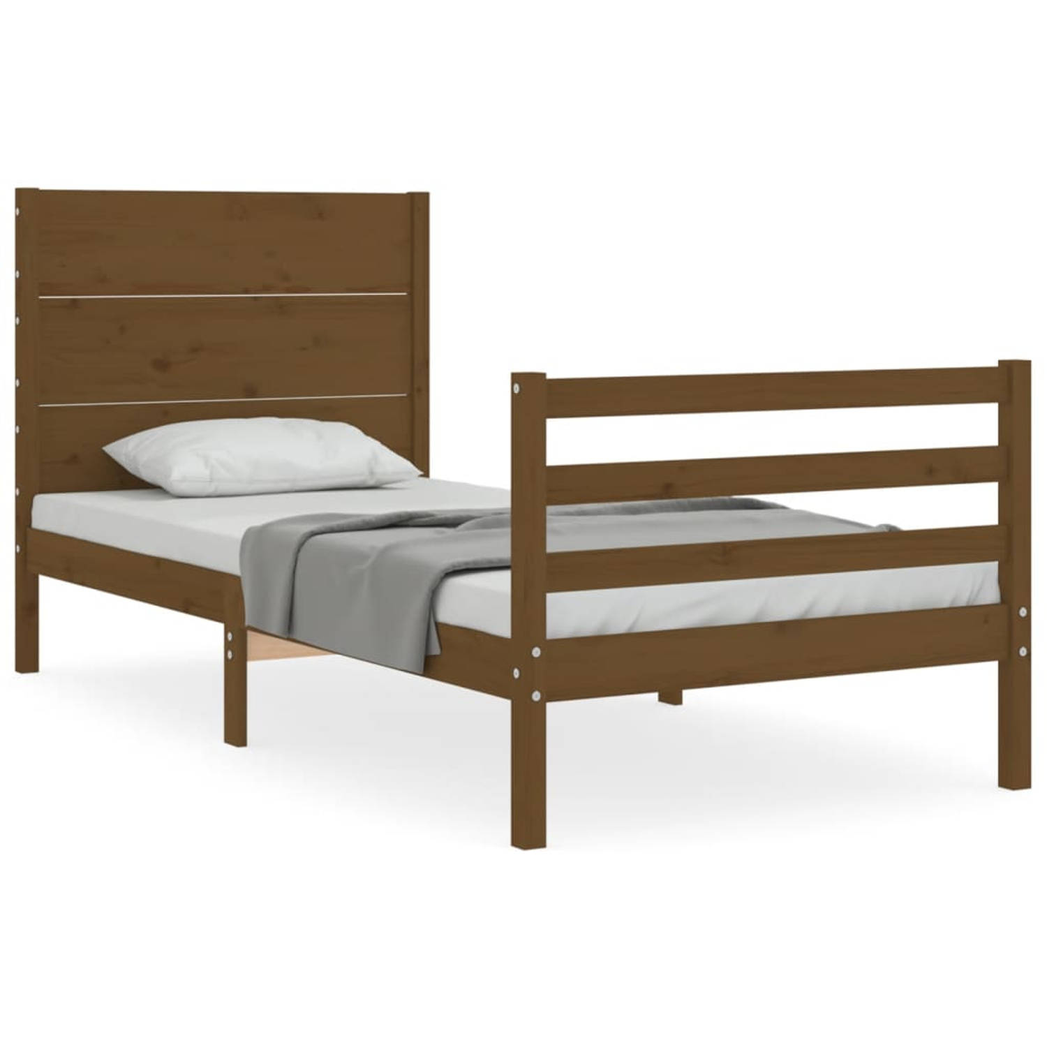 The Living Store Bedframe met hoofdbord massief hout honingbruin 90x200 cm - Bedframe - Bedframes - Bed - Eenpersoonsbed - Slaapkamermeubel - Houten Bedframe - Houten Bed - Bedbode