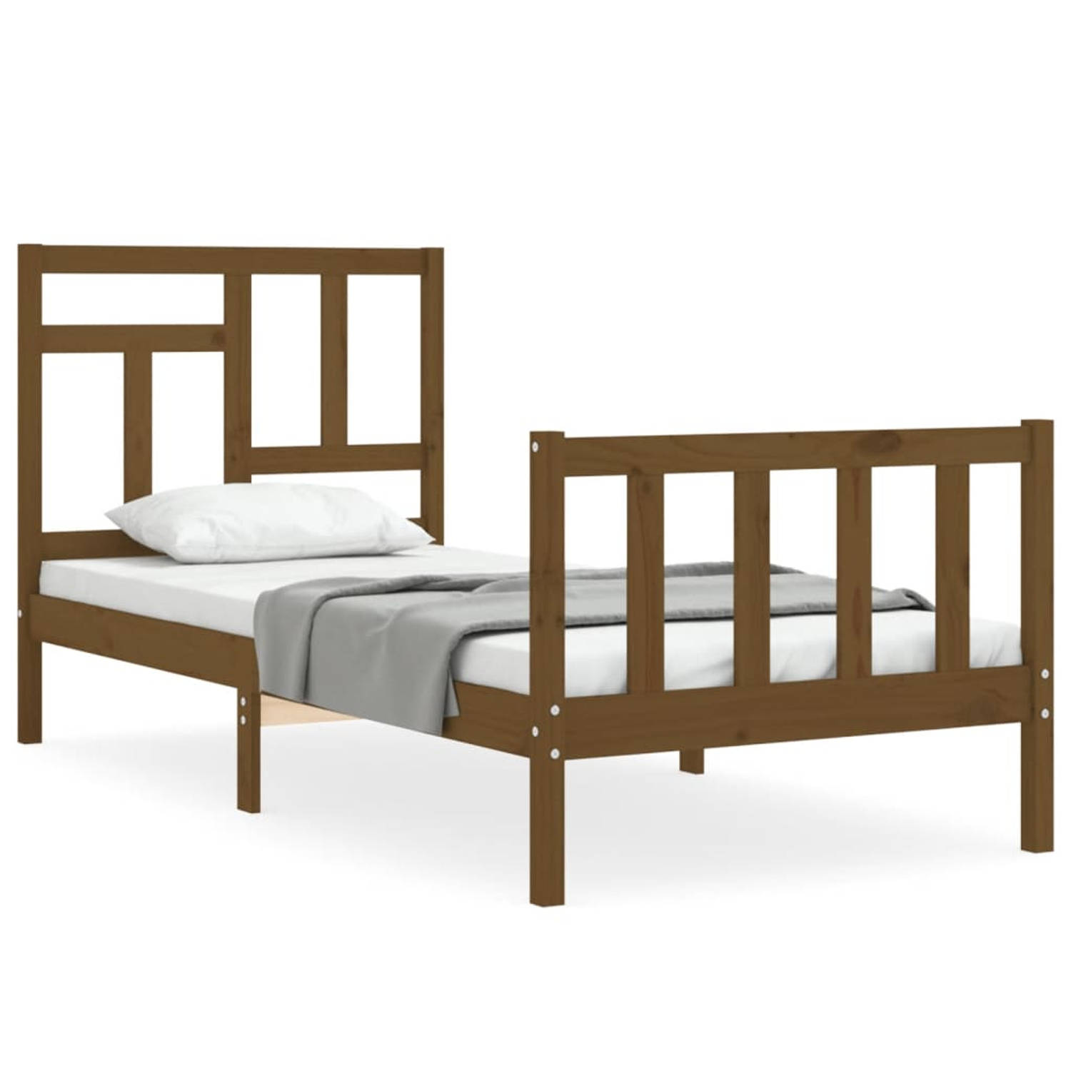 The Living Store Bedframe met hoofdbord massief hout honingbruin 90x200 cm - Bedframe - Bedframes - Bed - Eenpersoonsbed - Slaapkamermeubel - Houten Bedframe - Houten Bed - Bedbode