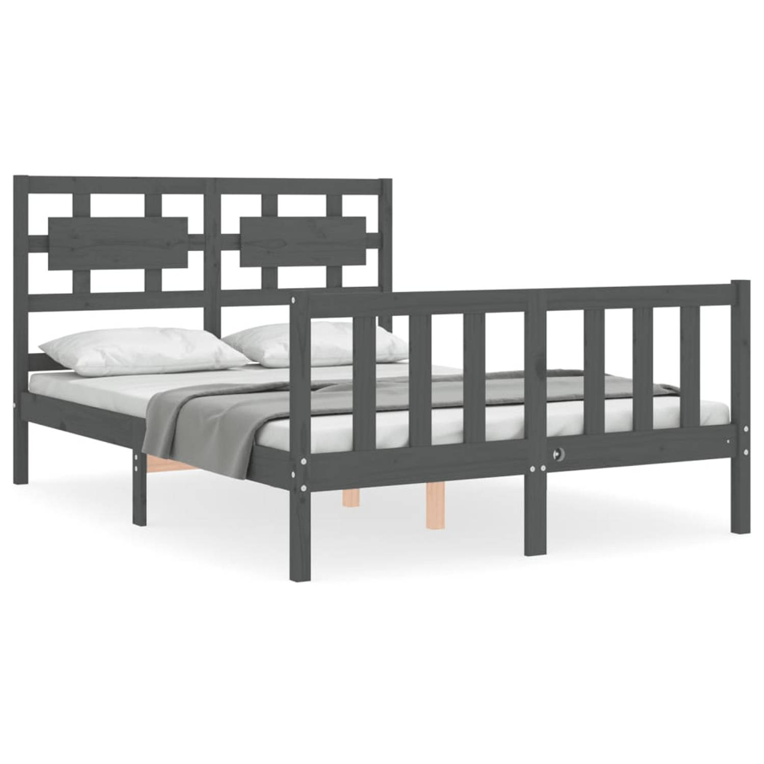 The Living Store Bedframe met hoofdbord massief hout grijs 140x190 cm - Bedframe - Bedframes - Bed - Tweepersoonsbed - Slaapkamermeubel - Houten Bedframe - Houten Bed - Bedbodem -