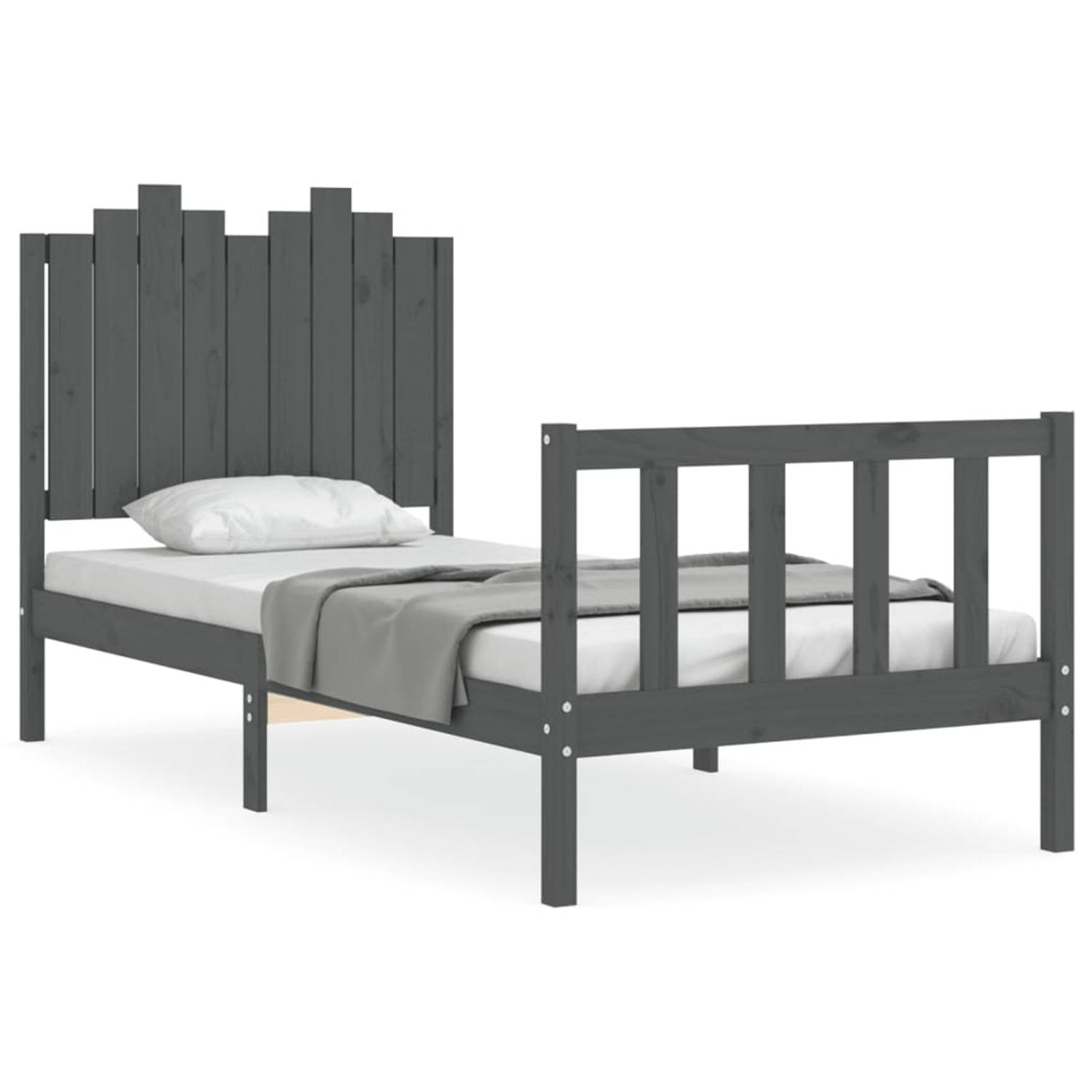 The Living Store Bedframe met hoofdbord massief hout grijs 90x200 cm - Bedframe - Bedframes - Bed - Eenpersoonsbed - Slaapkamermeubel - Houten Bedframe - Houten Bed - Bedbodem - Ma