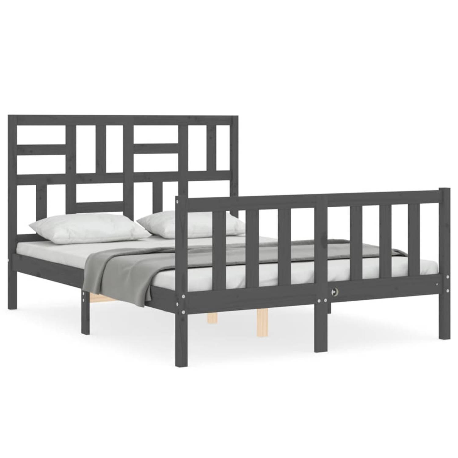 The Living Store Bedframe met hoofdbord massief hout grijs 140x190 cm - Bedframe - Bedframes - Bed - Tweepersoonsbed - Slaapkamermeubel - Houten Bedframe - Houten Bed - Bedbodem -