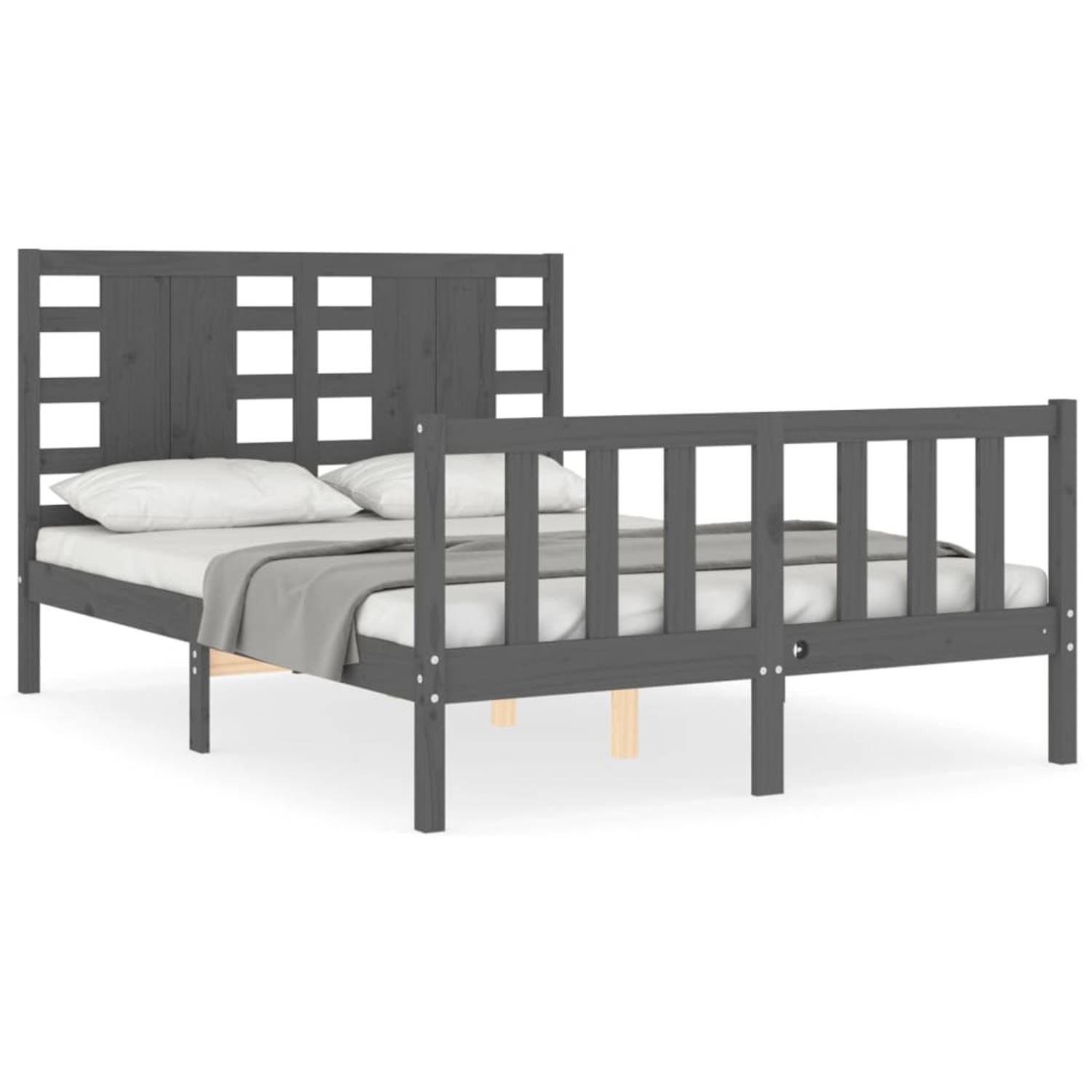 The Living Store Bedframe met hoofdbord massief hout grijs 140x190 cm - Bedframe - Bedframes - Bed - Tweepersoonsbed - Slaapkamermeubel - Houten Bedframe - Houten Bed - Bedbodem -