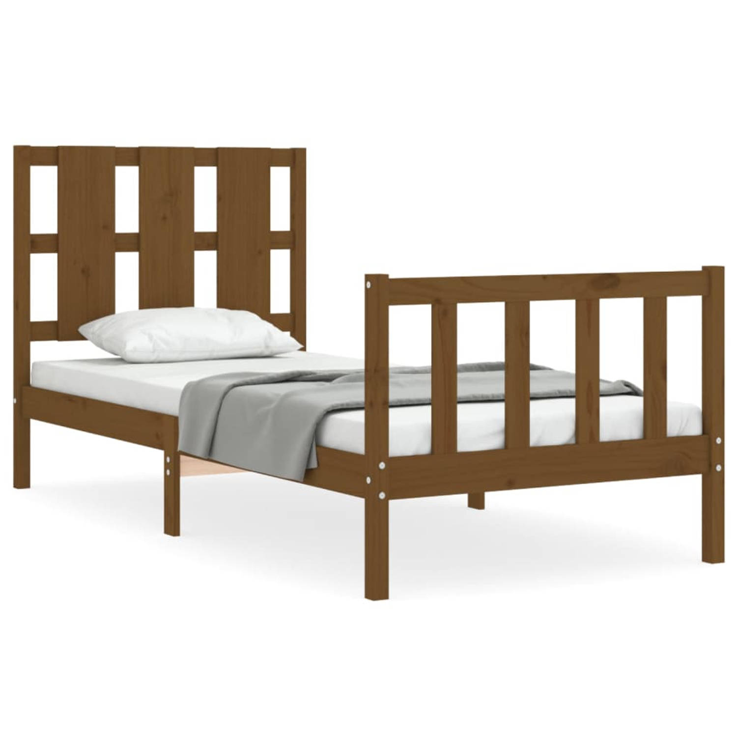 The Living Store Bedframe met hoofdbord massief hout honingbruin 90x190 cm - Bedframe - Bedframes - Bed - Eenpersoonsbed - Slaapkamermeubel - Houten Bedframe - Houten Bed - Bedbode