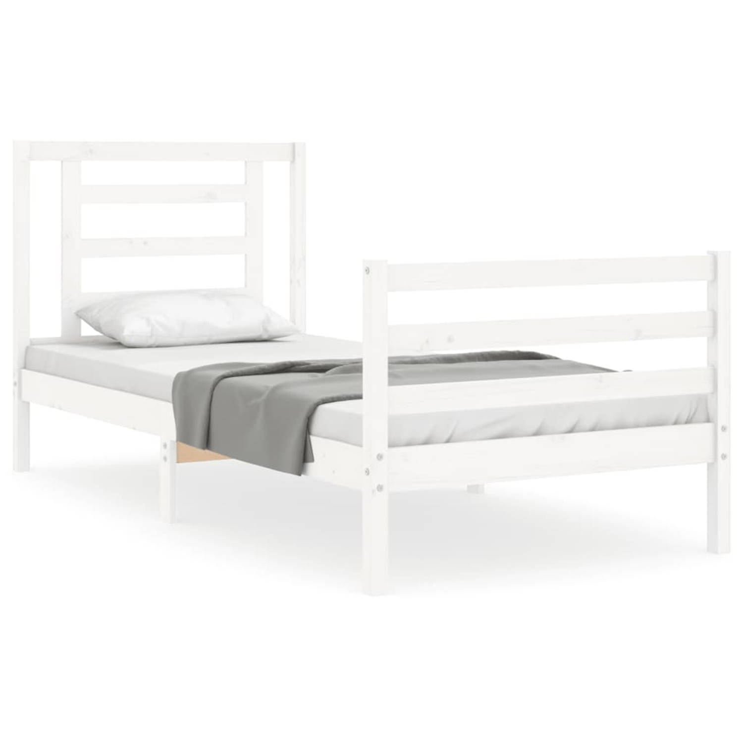 The Living Store Bedframe met hoofdbord massief hout wit 90x200 cm - Bedframe - Bedframes - Bed - Eenpersoonsbed - Slaapkamermeubel - Houten Bedframe - Houten Bed - Bedbodem - Mass