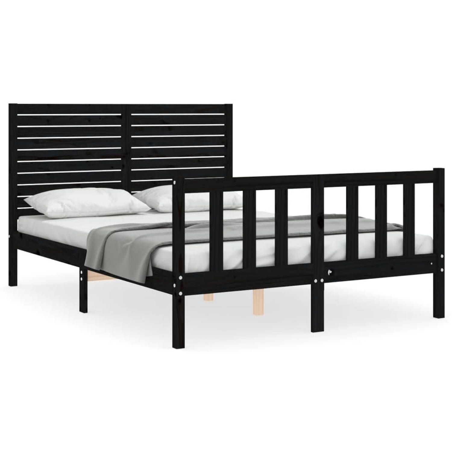 The Living Store Bedframe met hoofdbord massief hout zwart 140x190 cm - Bedframe - Bedframes - Bed - Tweepersoonsbed - Slaapkamermeubel - Houten Bedframe - Houten Bed - Bedbodem -